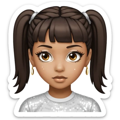 Left Eye from TLC with dark brown ponytail hair, white sequin outfit sticker