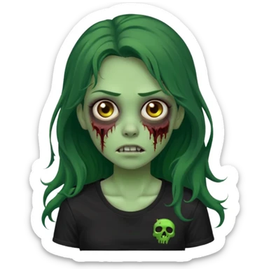crie um emoji de uma garota zoombie pele verde e cabelo castanho e longo , assustadora e fofa com cabelo ondulado 2b e camiseta básica preta sticker