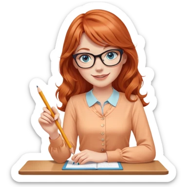 redheaded woman with long wavy hair and bangs, blue eyes, cat-eye glasses, wearing a pencil skirt and apricot blouse, holding a pencil, smiling sticker
