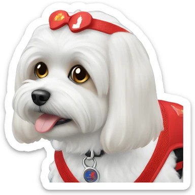Maltese wearing a red service dog vest with to bleck straps sticker
