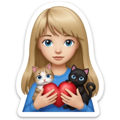 Apple-style emoji sticker of a young woman with long dark blond hair and bangs, blue eyes , holding a spotting black-and-white kitty on her chest.  sticker
