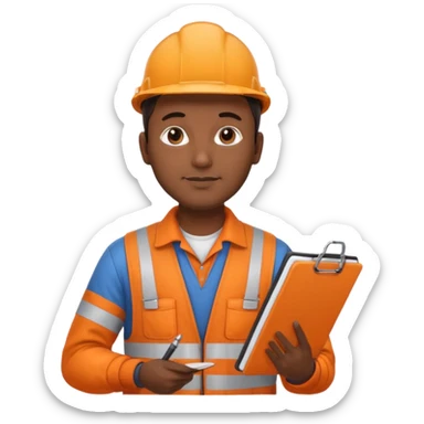 Indian male railway engineer orange overalls, boots holding a clipboard in one hand sticker