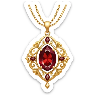 glowing red garnet pendant as a talisman of grounding and rebirth, dancing on a gold chain sticker