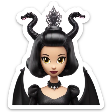 evening dressed, Wednesday Addams Barbie Jedi wearing a mini tiara, riding on the back of a very large black shiny evil-looking fire-spewing horned dragon sticker