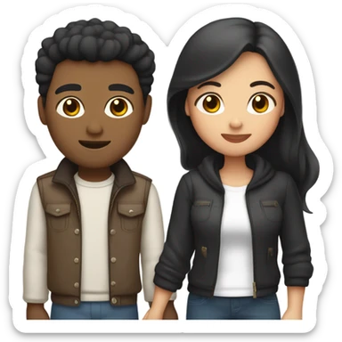 a couple holding hands. the guy has black middle part hair and is Persian and Filipino mix, wearing a jacket. the girl has brown hair white and asian mix, wearing a crop top. sticker