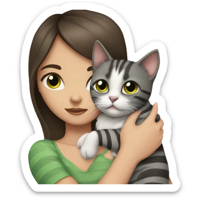 Brunette girl with green eyes, holds in her arms a British gray, striped cat with brown eyes sticker