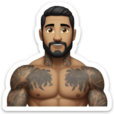 Muscular man with black hair and tattoos on his back and arm sticker