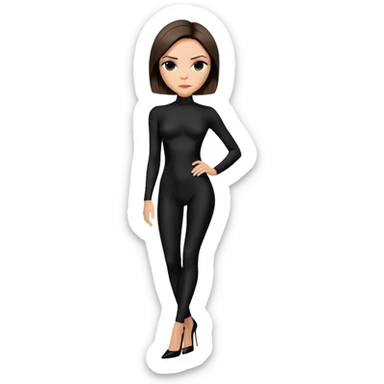 Victoria Beckham with light skin, short dark brown bob, black catsuit wearing black heels sticker