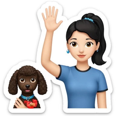 Ponytail black hair girl with brown Poodle say goodbye  sticker