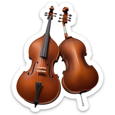 Create an elegant and detailed emoji representing a Gliga Gama double bass with bow. The design should showcase the large, sleek body of the double bass with its rich wood finish, including the characteristic curves and deep tone holes. The bow should be elegantly positioned next to the instrument, highlighting the hair and smooth wooden stick. Use warm wood tones like chestnut brown for the body of the bass, silver accents for the fittings, and dark brown for the bow. Add subtle musical notes or sound waves flowing from the bass to represent its deep, resonant sound. The background should be transparent. sticker