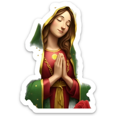 Virgin Mary: kind face looking down at the left, long brown hair, Wearing an emerald green  robe with gold stars and a burgundy red dress,  Hands in prayer or blessing. Halo around her head. standing in front of a big sun. colorful roses on the sides  sticker
