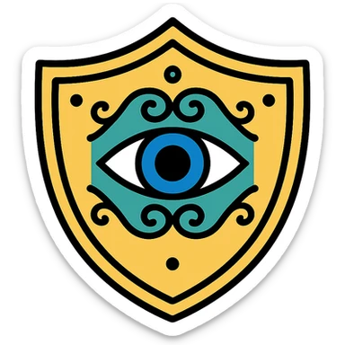 a shield with a mystical eye motif inspired by the Eye of Ibad, ornate design sticker