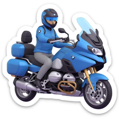 BMW R 1200 RT touring motorcycle with rider wearing helmet sticker