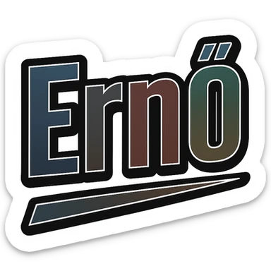 Ernő name in masculine, modern gradient font with dark contour, prominent and clearly visible white border like the sample image, dynamic slanted underline, masculine color shades (blue, gray, burgundy, green, brown), 1000x1000 px, PNG, transparent background, in the style of the uploaded Dezső sample, with an alternative solution if the long ő letter is not available. sticker