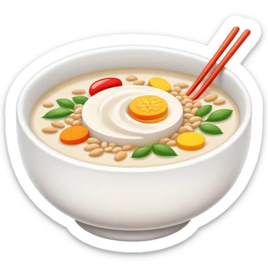 Laba Festival congee with colorful ingredients and garnishes, simplified emoji style with bold outlines and bright colors, cartoon style traditional Buddhist ceremonial porridge sticker