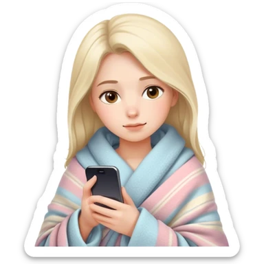 Create an emoji in Apple's iOS emoji style: a young woman wrapped in a cozy blanket, comfortably holding and looking at her smartphone. She has a neutral, relaxed expression, soft facial features, and minimalistic shading typical for Apple emojis. Colors are warm, pastel, and soothing.
 sticker