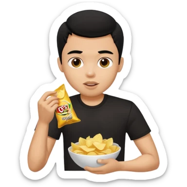 a pretty bratz guy with curly black hair in in black tshirt eating chips sticker