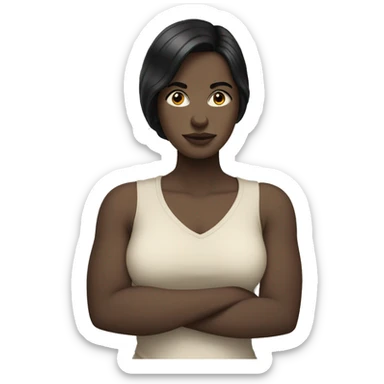 pale skinned, black haired woman, arms crossed over her chest and blank expression sticker