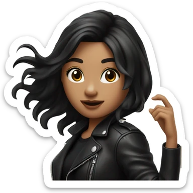 Beautiful girl with black hair and black leather jacket flipping her hair with her hand sticker