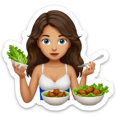 Girl with olive skin, blue eyes, brown dark insanely wavy long hair, white camisole eating a bowl of lettuce and chicken sticker