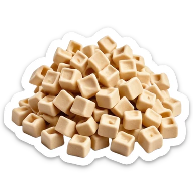 loose pile of irregular light beige soy protein chunks or curls with dry porous texture and slightly rough surface, unevenly shaped, resembling dehydrated plant matter, airy and fibrous, no bowl packaging or garnish, soft lighting, subtle shadows, emoji scale sticker