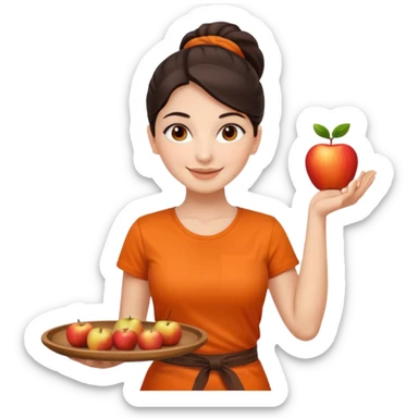 Create an iOS-emoji-style illustration of a cheerful female barista with bright fair skin and dark hair tied back. She wears an orange barista T-shirt and holds a brown serving tray. Style should be soft, rounded, and minimal like Apple emoji. sticker