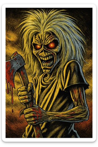 Eddie from Iron Maiden 'Killers', close-up, wild hair, glowing eyes, holding bloody axe, comic book style sticker