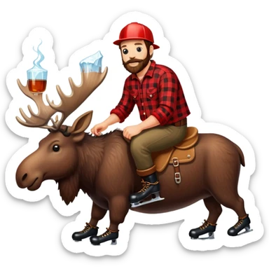 canadian lumberjack wearing red and black flannel shirt and drinking maple syrup and wearing ice skates while riding on a moose sticker