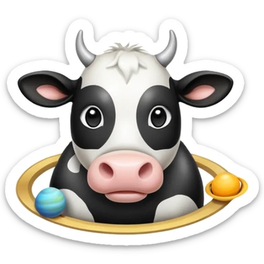 Cartoon cow face with Saturn as its body, the planetary rings circling the middle, and disproportionately large barefoot human feet at the bottom sticker