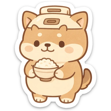chibi dog-rice cooker hybrid, round belly, holding a rice bowl, soft cream and brown palette, full-body sticker