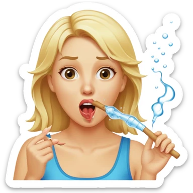 blond woman biting a wide skin-tone stick with a bite mark, water jet shooting from the stick into her mouth, surprised look sticker