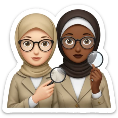 one white woman with hijab and glasses detective + one black woman without hijab and glasses detective  hand lens in one hand, hat etc sticker