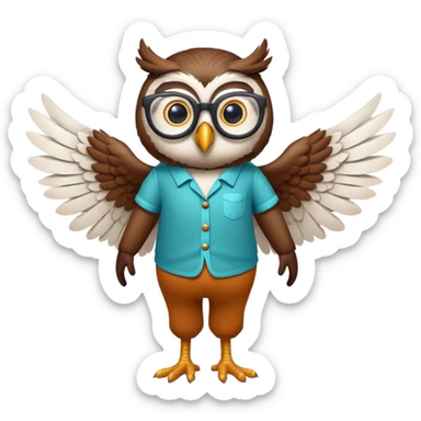 friendly anthropomorphised night owl with wings instead of arms, colourful pants and shirt, wearing glasses, walking upright, night owl features and colours, unique pose 2 sticker