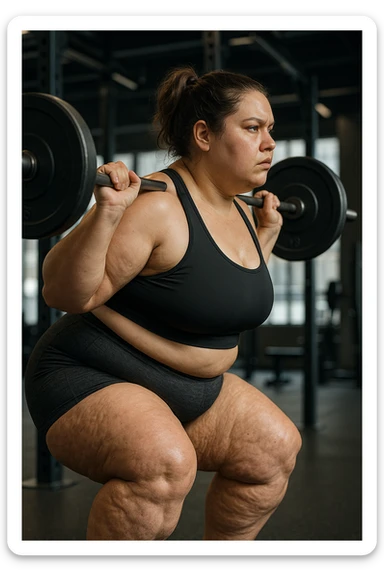 donna grassa con lipedema alle gambe che fa uno squat di profilo con bilanciere, IPERREALISTICA 4K sticker