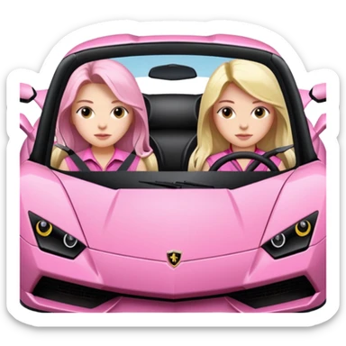 Make car far away so I can see full car Car facing forward in sports car. Make hair long  two girls in car far away Front of car sitting in the seats. Make it a pink sports car. They are two baddies make it a Lamborghini pink car  sticker