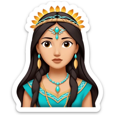 Cinematic Majestic Pocahontas Portrait Emoji, rendered in a clean, vector-style with bold shapes. Show Pocahontas with a serene, noble expression, radiant sun-kissed skin, and elegantly flowing dark hair, dressed in traditional garments with subtle turquoise accents. The design radiates a majestic, natural glow, high shine, and a soft glowing outline, capturing her regal beauty. sticker