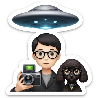 A little boy with straight black medium-length hair, white skin, and black eyes wearing black-framed glasses is taking photos on a UFO with a camera. Beside him, there is an alien and a brown round-headed poodle. sticker