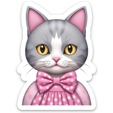 Evil Gray and white evil cat with a pink polka dot dress and with a pink polka dot bow sticker