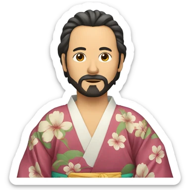 A man with long, tied-back hair and a bit of a beard, wearing a kimono, who does video editing sticker