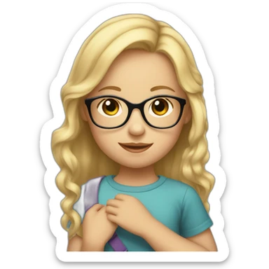 a baby in the arms of a 13 year old girl with blond hair and glasses sticker