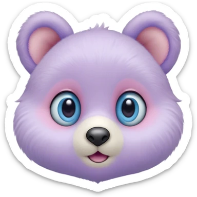 A creature with pastel purple fur and large pixar blue eyes and very small ears like a teddy bear. The nose is just a circle and very small pink. The base around the eyes, eyebrows, nose and mouth is white, blushing. sticker