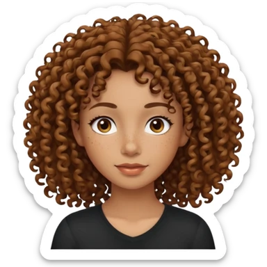 iPhone-style avatar icon of a morena woman, curly hair, some freckles, black shirt, simple and expressive sticker