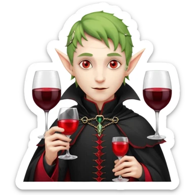 male elf vampire emoji, pale skin, red glowing eyes, long pointed ears, black high-collared cloak with red lining, holding a wine glass filled with red liquid, elegant Halloween fantasy look, smooth Apple emoji style, clean white background, square image sticker