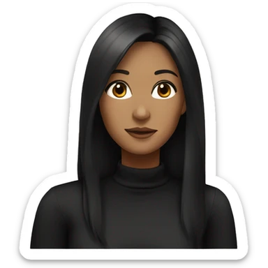 Woman with long and straight black hairs, turtle black neck shirt, brown eyes sticker