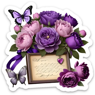 An antique love letter bundle, bound delicately with a purple silk ribbon, rests beside an arrangement of dried blush violet roses, lilac peonies, and soft purple dahlias, while a silver butterfly brooch adorned with pearls seems to pause, captivated by the deep violet inked calligraphy flowing across the aged parchment. sticker