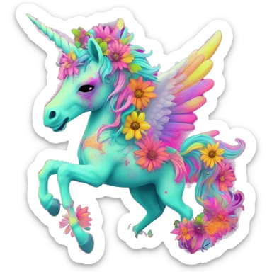 Zombie Pegasus unicorn psychedelic flowers floral groovy art neon rave raving sticker