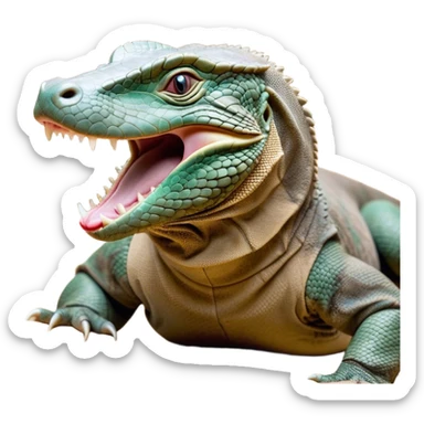 Cinematic Realistic Cute Yawning Komodo Dragon Portrait Emoji, Head tilted slightly with a dramatic, wide-open yawn, showcasing a soft, rugged scaled hide with subtly drooping features and half-closed, drowsy eyes rendered in authentic detail, high shine, relaxed yet expressive, styled with a dash of natural desert charm, soft glowing outline, capturing the essence of a sleepy yet affectionate Komodo dragon that appears ready to stretch out for a deep, restful nap! sticker