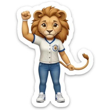 confident anthropomorphised female lion wearing a baseball shirt, jeans, trainers, raising a fist in the air, strong and determined expression sticker