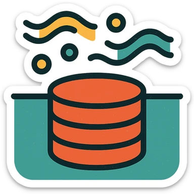 abstract minimalist icon of stacked disks partially submerged below a horizontal line representing underground, with flowing abstract data streams of lines, dots, or waves, worn and distressed effect sticker