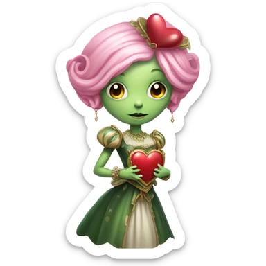 a green amazon alien woman in Victorian white gold, pink hair full body,holdig red big hearth sticker